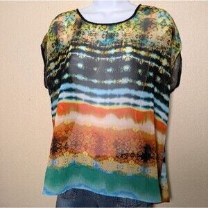 Colorful Abstract Sheer Blouse Size PXL Made in USA Festival Artsy Retro Flowy
